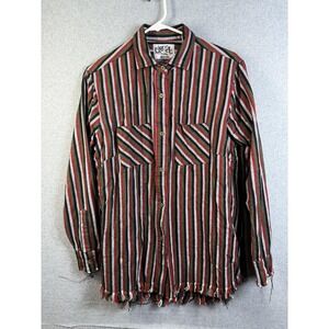 ONE24 Rags Shirt Mens Medium Multicolor Striped Fringe Hem Long Sleeve Boho